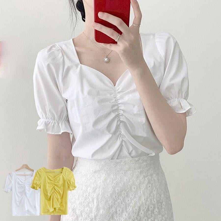 Vネック ギャザーブラウス レディース 半袖 トップス パフスリーブ ショート丈 カットソー 着やせ シャツブラウス おしゃれ バレンタイン 2023 プレゼント