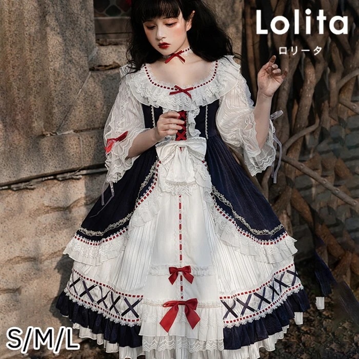 ロリータワンピース クラロリ ホワイト 白 レディース lolita リボン ロリータ 袖付き 膝丈 小柄 可愛い 着瘦せ 仮装 コスプレ コスチューム 小柄 可愛い 学生 女の子 ゴスロリ 仮装