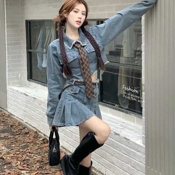 Qoo10] デニムジャケットプリーツスカート セット