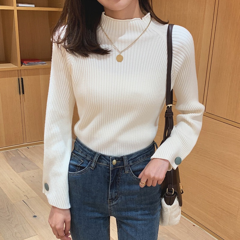 セーター ニット トップス ハイネック ロングスリーブ ボタン OL 通勤 学生 通学 デート お出かけ 休日 イベント デイリー 普段使い