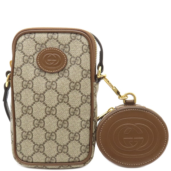 グッチ GUCCI ショルダーバッグ インターロッキングG ミニショルダー GGスプリームキャンバス レザー ベージュ×ブラウン ゴールド金具 茶 ダブルG 700959 【箱】【中古】