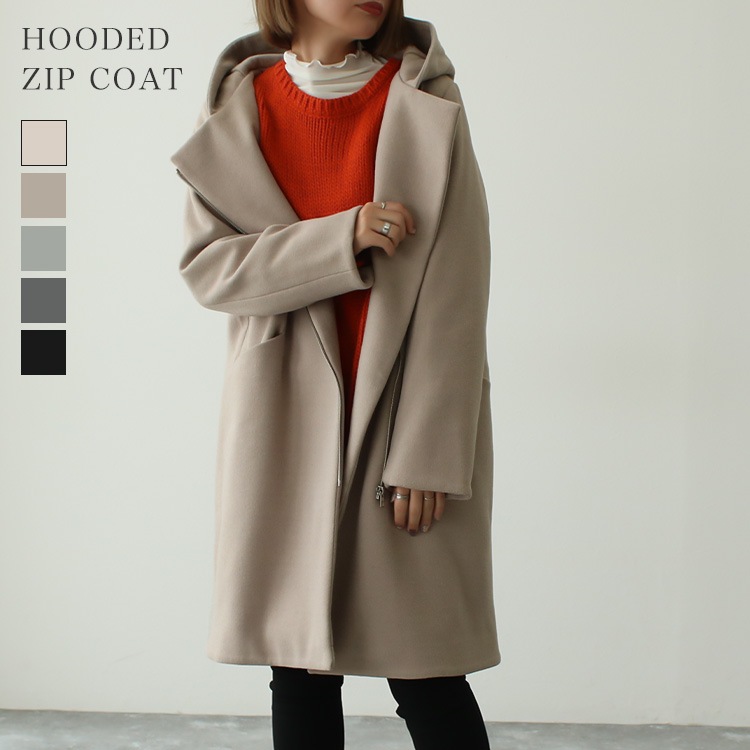 フード付きZIPハーフコート アウター コート レディース ミドル丈 キレイめ