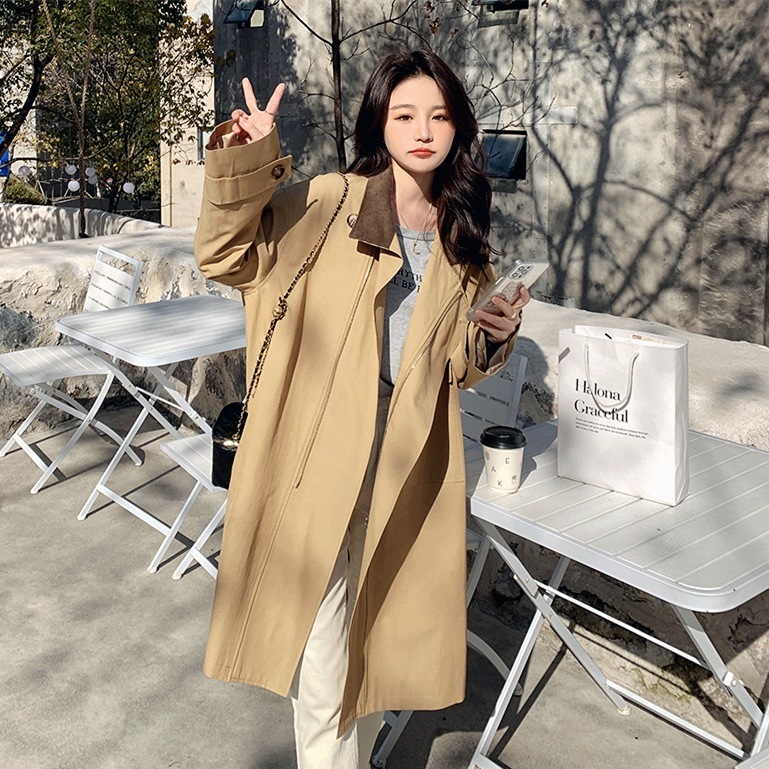 レディースミドル丈ウインドブレーカー2025春秋新作韓国風レディース無地ラペルルーズビッグスイングウインドブレーカーガールズジャケット