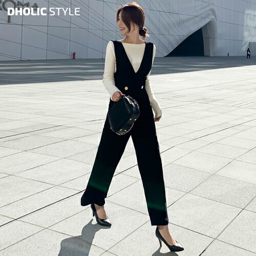 [メガ割りSALE]裏起毛Vネックノースリオールインワン・p472386