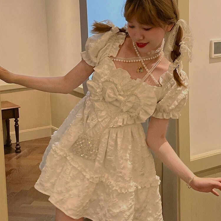 【迅速な出荷】ワンピース 甘美で小清新な少女ロリータリボン角襟プリンセススカートパールリボンワンピース森ガール夏新作