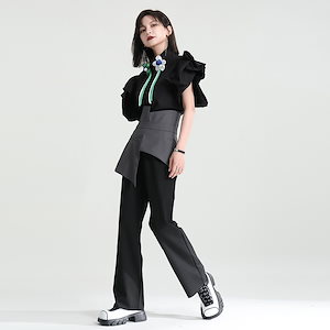 【J.Fashion】 ワイドパンツ ニセ2セット レイヤード ドッキング スラックス ロングパンツ トップスは店でも販売してる