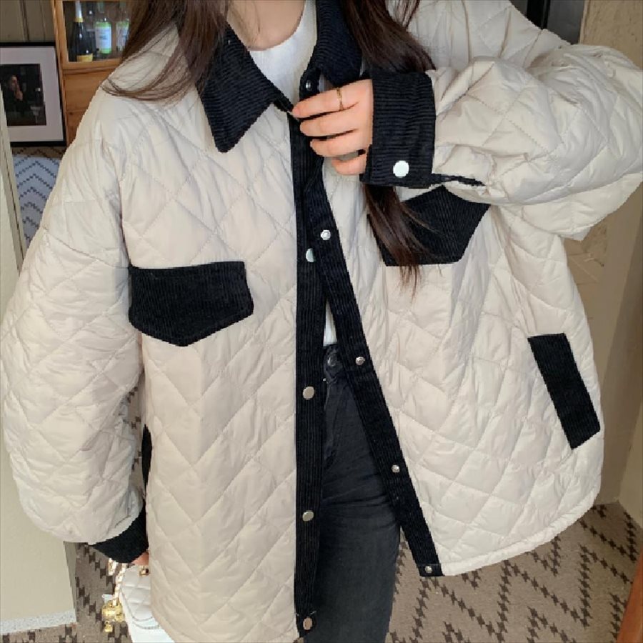 アウター ショートコート ジャケット 羽織り キルティングジャケット ショート ショート丈 袖あり 長袖 Vネック フレア Aライン バイカラー ポケット かわいい 大人可愛い 綺麗