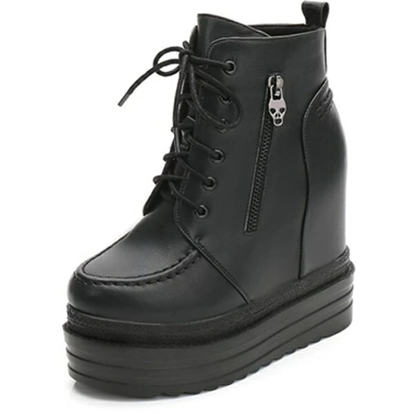 ショートブーツ ヒール8/9/10/12cm レースアップ レディース 編み上げブーツ ウェッジソール インヒール 黒 ブーツ ショート レースアップブーツ 靴 ハイカット ミドルブーツ ラウンドトゥ