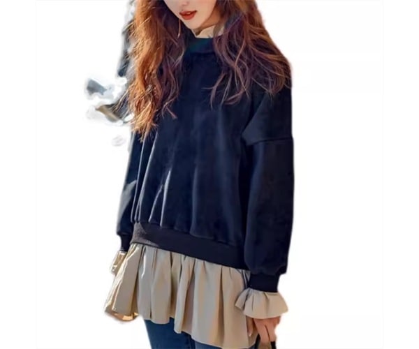 重ね着風 フェイクレイヤード フェイクツーピース レディース トップス プルオーバー トレーナー スウェット ミドル丈 長袖 ラウンドネック ストレート フリル 薄手 ベルベット 大人可愛い きれいめ