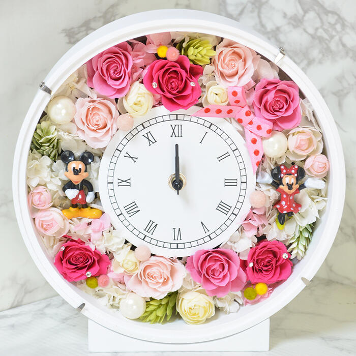 プリザーブドフラワー ミッキー&ミニー スワロフスキー 花時計 フラワーギフト 花 贈り物 プレゼント 開店祝い 引越し祝い 開業祝い