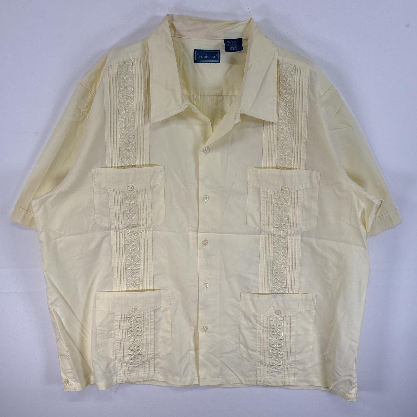 古着 トロピクール 半袖シャツ キューバシャツ 4つポケ 刺繍デザイン XL イエロー系 無地 メンズ