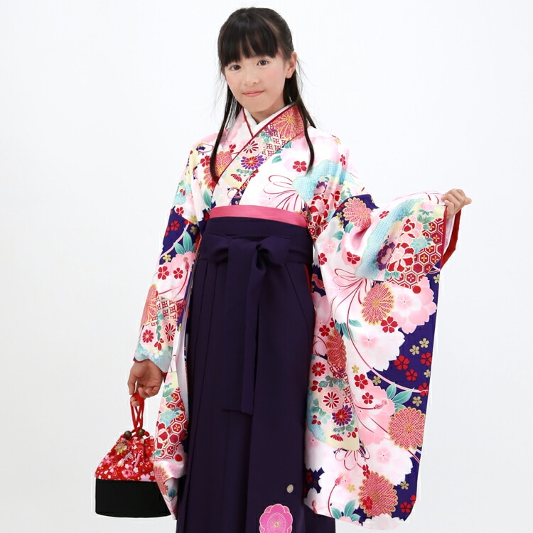 レンタル７泊８日 卒業式 袴 レンタル 小学生 女の子 小学校ジュニア卒業式袴レンタルセット 紫地に扇古典柄 ひな祭り 着物 衣装 花 レトロ モダン