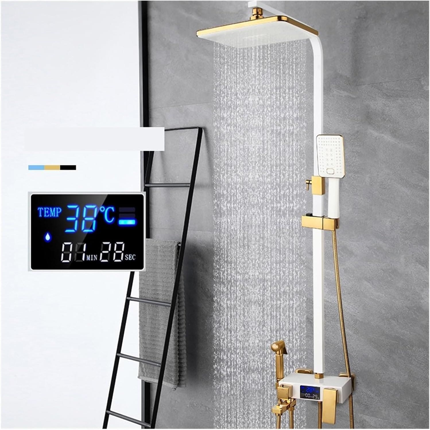 シャワー蛇口コンボセット, デジタルシャワーシステム ホワイト/ブラック バスルーム壁掛けレインフォールシャワーシステムLEDデジタルシャワーセット温水冷水ミキサーバスシャワー蛇口セット 取り付け