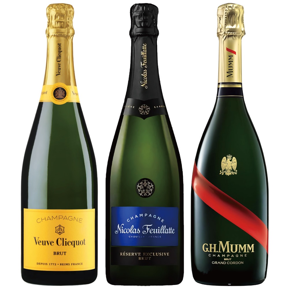 フランス産 厳選銘柄 シャンパン 3本セット / ヴーヴ・クリコ イエローラベル + ニコラ フィアット ブルーラベル + マム グラン コルドン 各750ml 辛口 スパークリングワイン