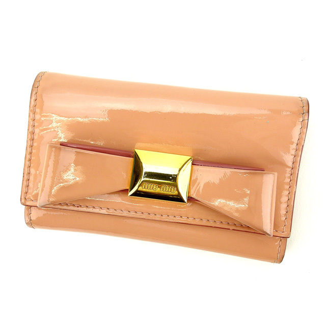 キーケース リボンモチーフ サーモンピンク×ゴールド レディース 中古