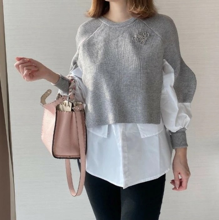 2020年 秋冬 2color レイヤード ニット 異素材 トップス ボリューム袖 レディース トップス 長袖 カジュアル かわいい フェミニン きれいめ 大人可愛い 上品 きれいめカジュアル 大人ガ