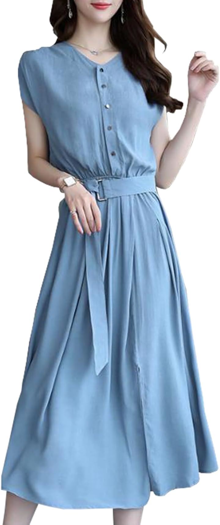 ワンピース レディース 半袖 Aライン ミモレ丈 きれいめ 無地 カジュアル 春 夏 秋( ライトブルー, S)