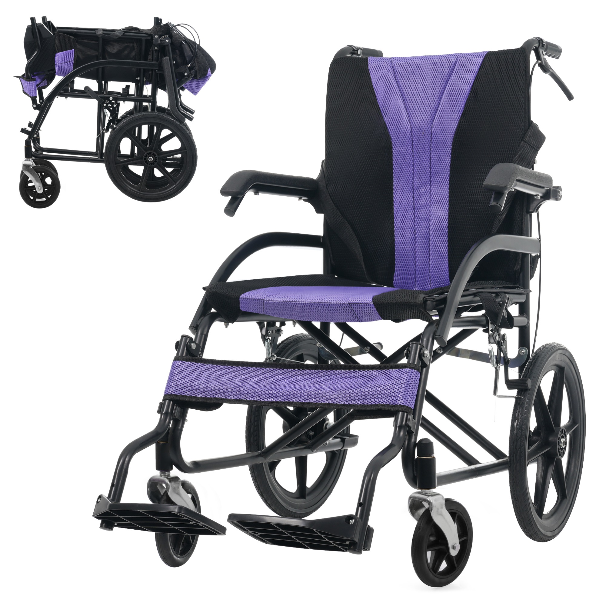 車椅子 折畳み 介助型 自立できる 軽量 コンパクト ノーパンクタイヤ 折りたたみ 収納可能 超軽量 コンパクト 安全ベルトつき 背面ポケット 外出用 介護 福祉用具 ブラック+パープル