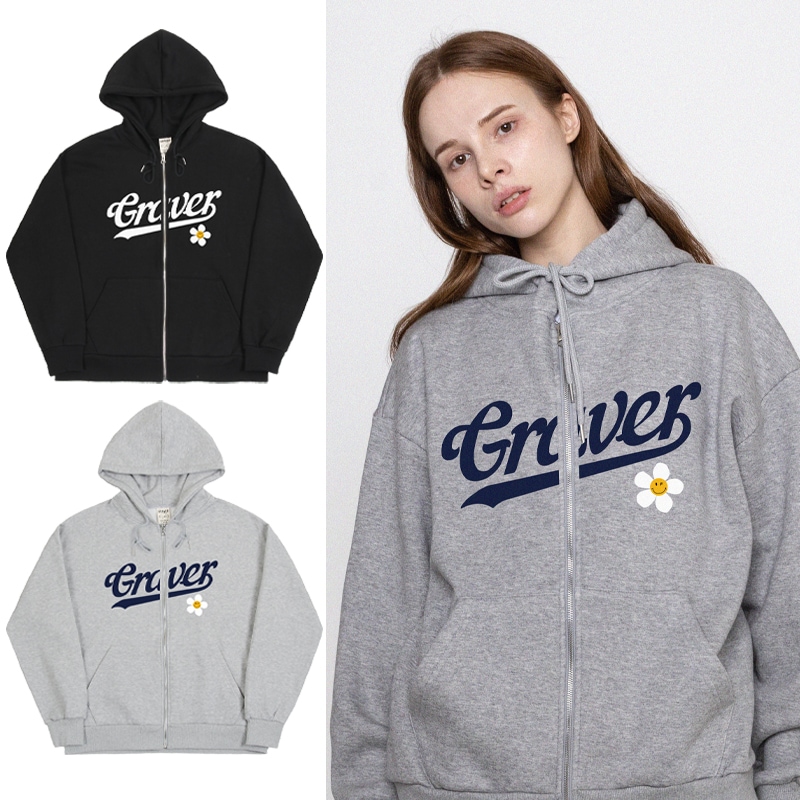 [UNISEX] Big baseball logo flower hooded zip-up_2color
