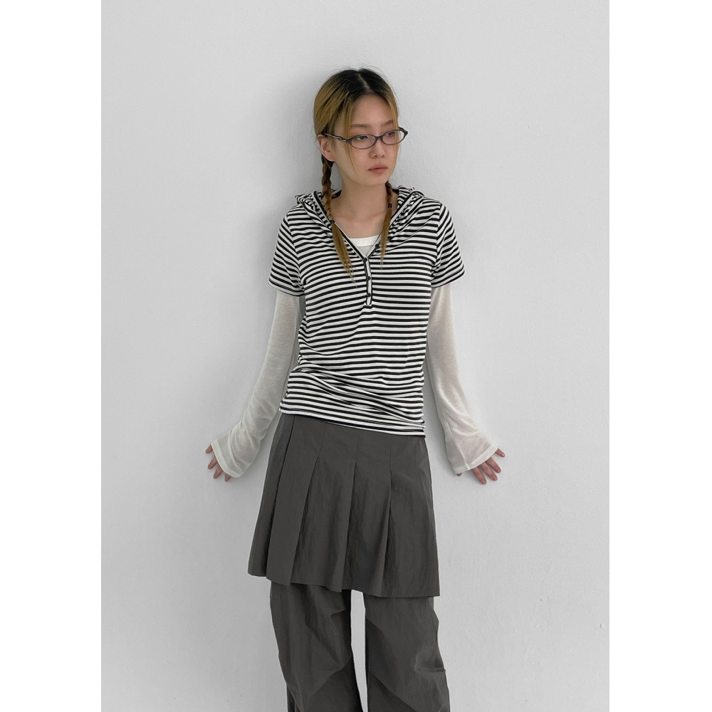 ブラックアップ ドットストライプ ヘンリーネック 半袖フーディ