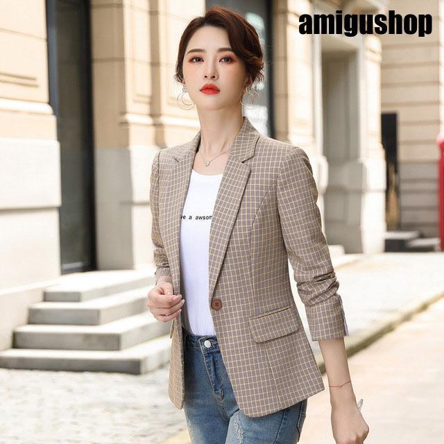 秋 テーラードジャケット レディース フォーマル 通勤 OL チェック柄 ジャケット 長袖 スーツジャケッ オフィス ト 大きいサイズ テーラードジャケット カーキ