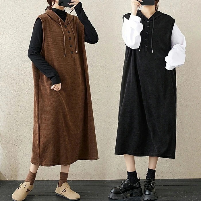 ワンピース レディース ノースリーブ フード付き ロングワンピース ジャンパースカート コーデュロイ ミモレ丈 パーカーワンピース 袖なし レイヤード ワンピ 重ね着 森ガール 大人可愛い ゆったり