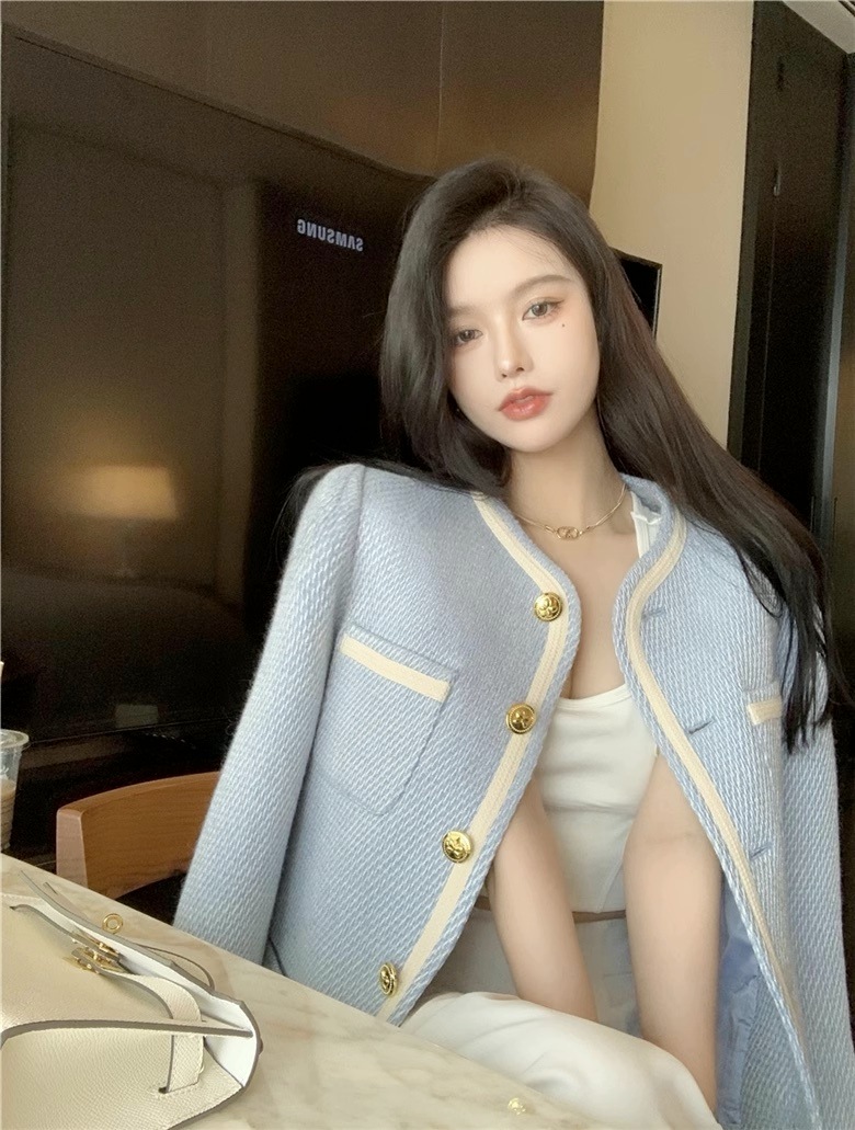 ノーカラージャケット ブルージャケット カーディガン ジャケット ショートジャケット ゴールドボタン ツイードジャケット 春夏 レディース 可愛い オシャレ 綺麗め 韓国 薄手 20代 30代