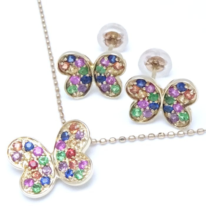 バタフライ ネックレス ＆ ピアス 2点セット サファイヤ ガーネット K10YG イエローゴールド/292016【中古】