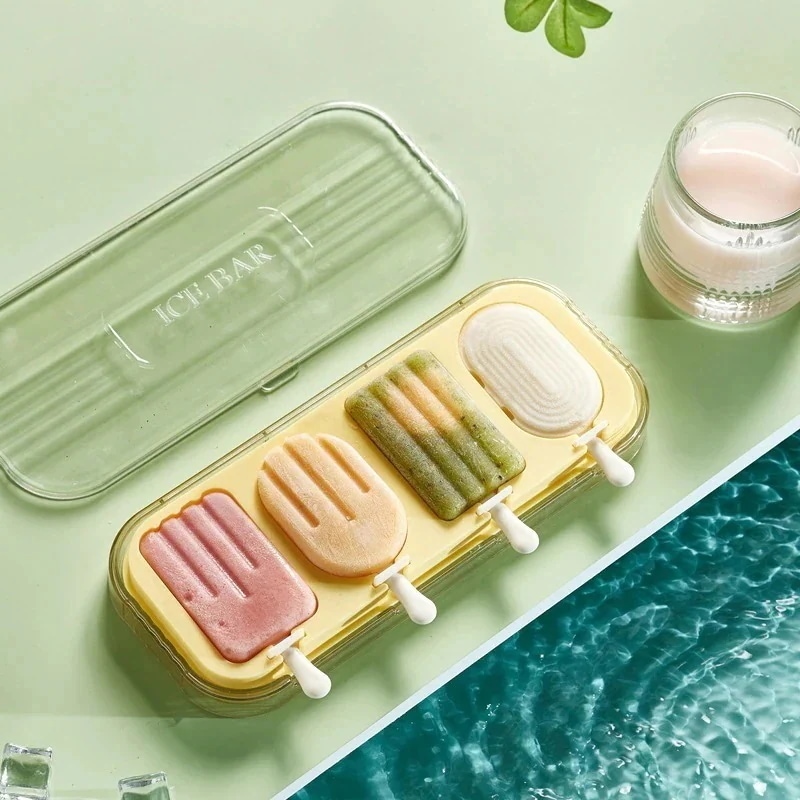 製氷皿 アイスポップモールド 4個取 アイスキャンデー棒4枚付き 製氷道具 モールド アイ アイスキャンディー 型 スキャンディー 型 製氷ツール シリコン製 ふた付き アイスキャンデー金型