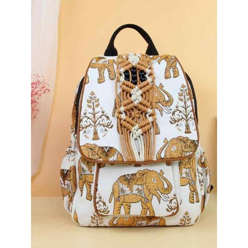 エスニック バッグ リュック かばん バックパック 鞄 ファスナー トラベル 旅行 通学 象 大容量 ポケット マクラメ 持ち手付き カジュアル ユニ