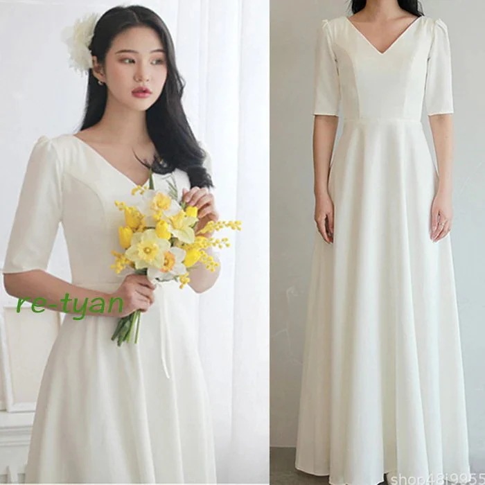 ウエディングドレス ロングドレス パーティードレス 花嫁二次会白ワンピース エンパイア 海外挙式カジュアルブライダル 披露宴 袖ありマキシワンピース前撮り