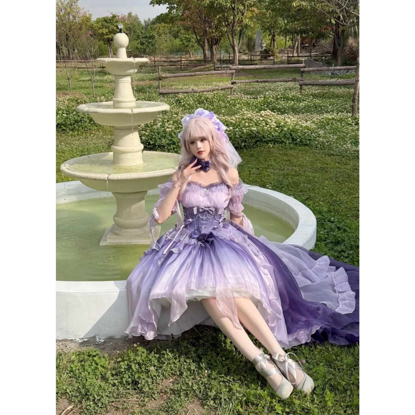 高貴で優雅なグラデーション紫lolitaワンピースロリータ洋服花嫁前の短い後ろの長い蓬蓬姫スカート女