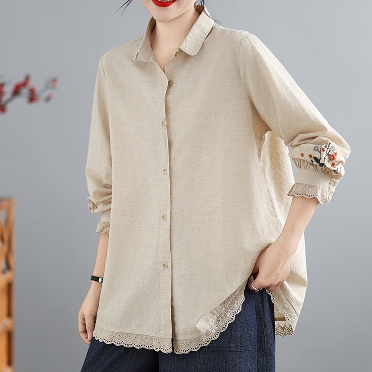 トップス シャツ 長袖 襟付き 前開き ボタン ミディアム丈 袖コンシャス 刺繡 レース かわいい 大人可愛い きれいめ シンプル 上品 おしゃれ かっこいい カジュアル こなれ感 個性的 主役級