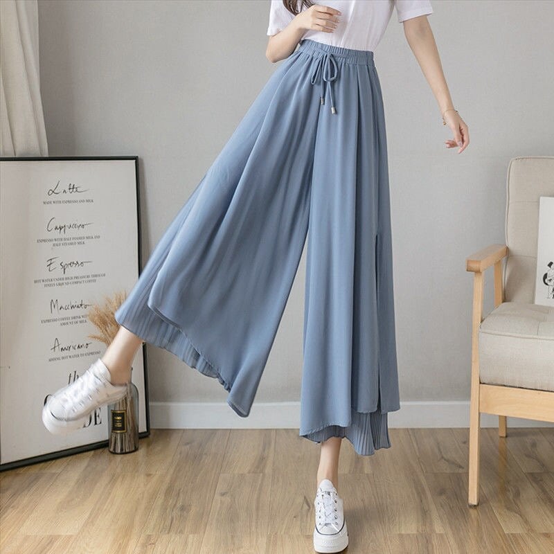 大人気！ ワイドパンツ レディース夏プリーツ シフォン九分丈ゆったりハイウェストドレープ感 キュロットパンツ脚長効果スキニーパンツ スラックスパンツ