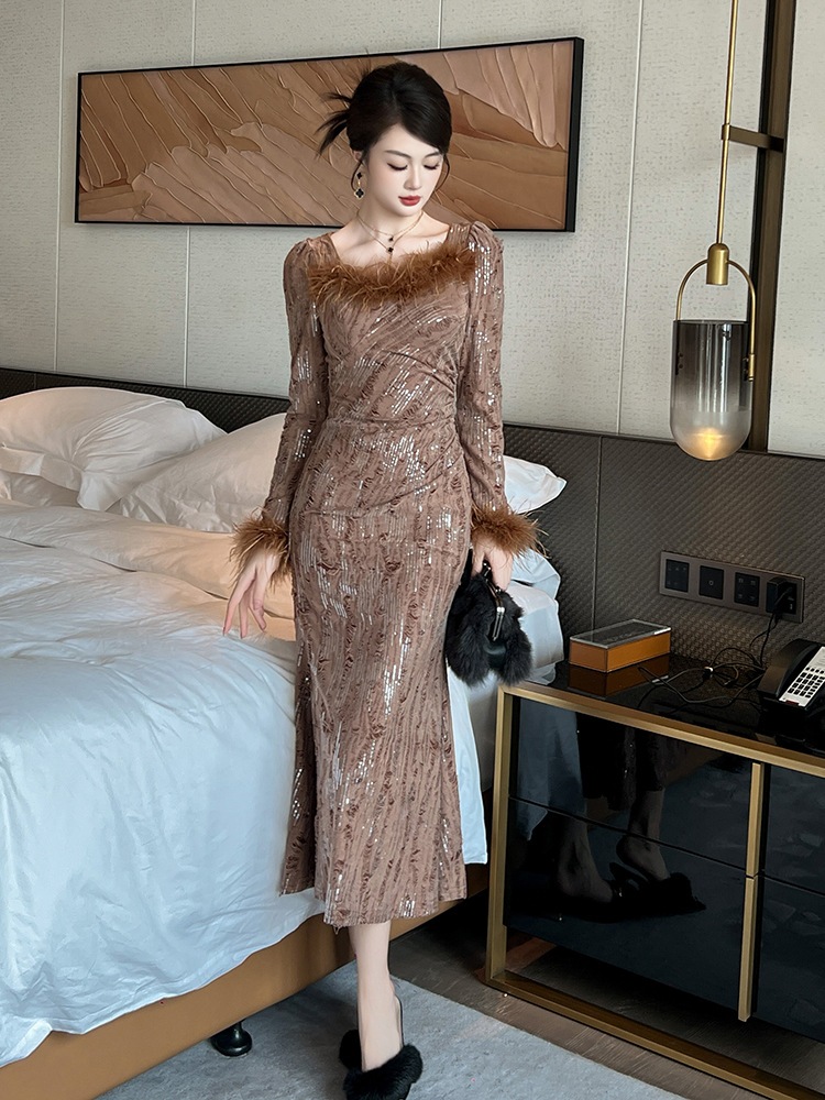 【JY.上品】 2025秋新品 キラキラ ファー飾り ワンピース ドレス パーティー キャバ 大人 同窓会 披露宴 卒業式 結婚式 演奏会 ウェディング 二次会 メガ割