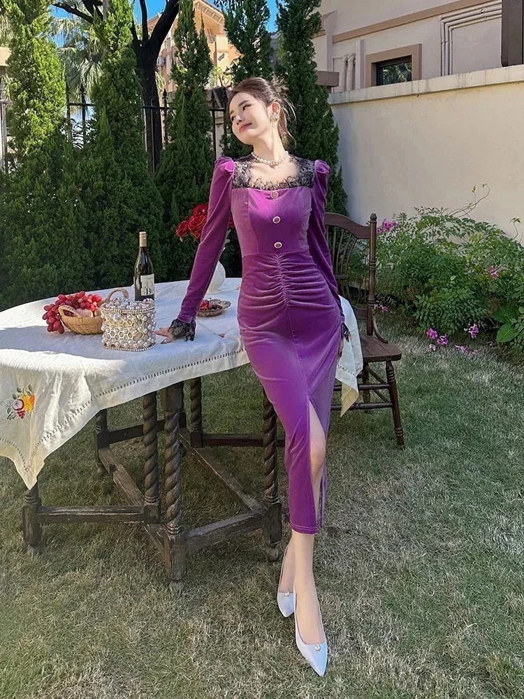 秋冬 レース ベルベット ワンピース パーティードレス キャバ 着痩せ 大人 お呼ばれ 同窓会 披露宴 卒業式 結婚式 ウェディング 二次会30%までに制限