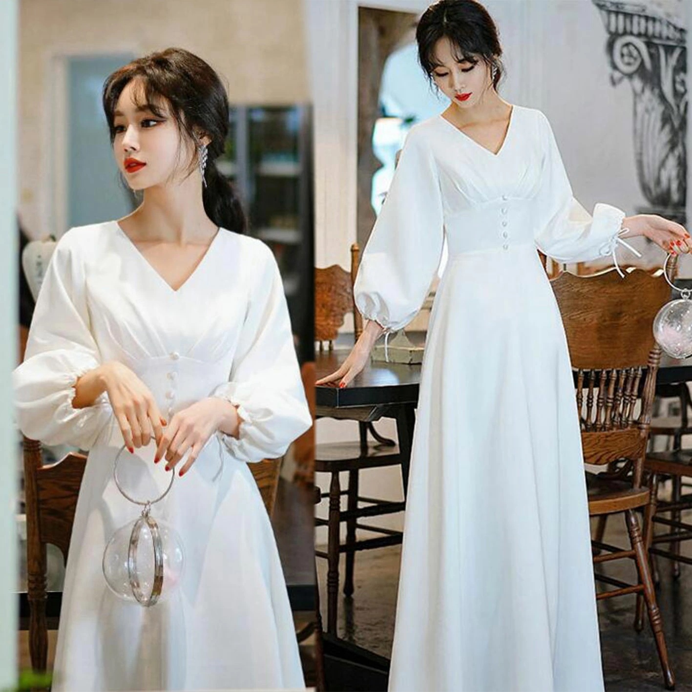 ロングドレス ウェディングドレス 花嫁ドレス Aライン 長袖 Vネック 二次会ドレス フォーマルドレス シンプル パーティードレス 細見え エレガント ブライダル 演奏会 音楽会 海外挙式 二次会 披