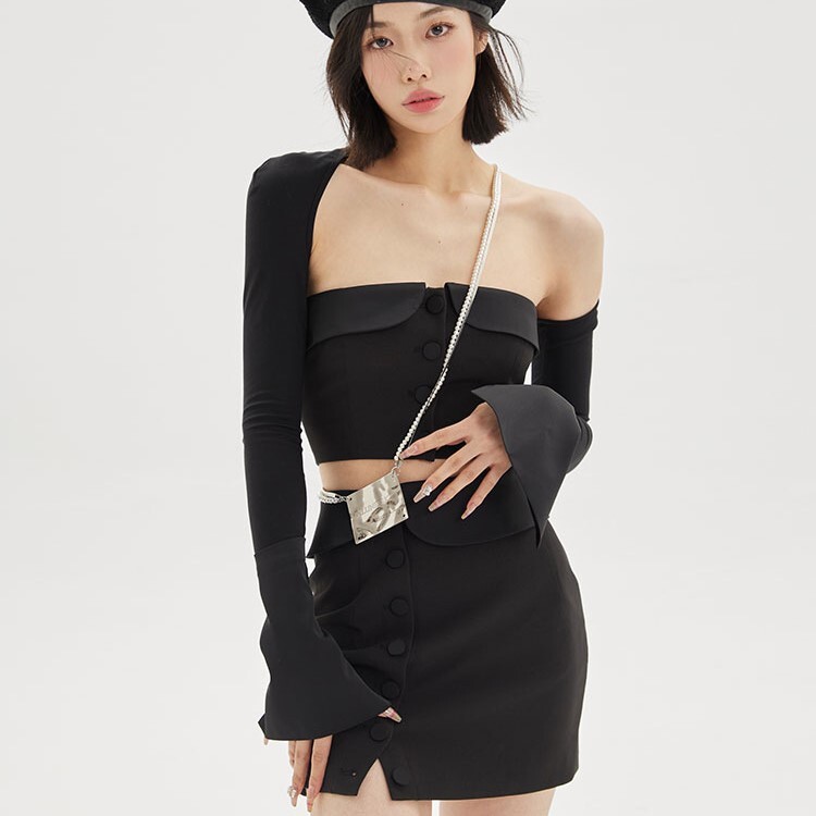 スリーピース トップス スカート チューブトップ ショート丈 袖あり 長袖 スリム ストレート ハイウエスト 大人可愛い カジュアル おしゃれ かっこいい 大人女子 クール モード系 セクシー 存在感