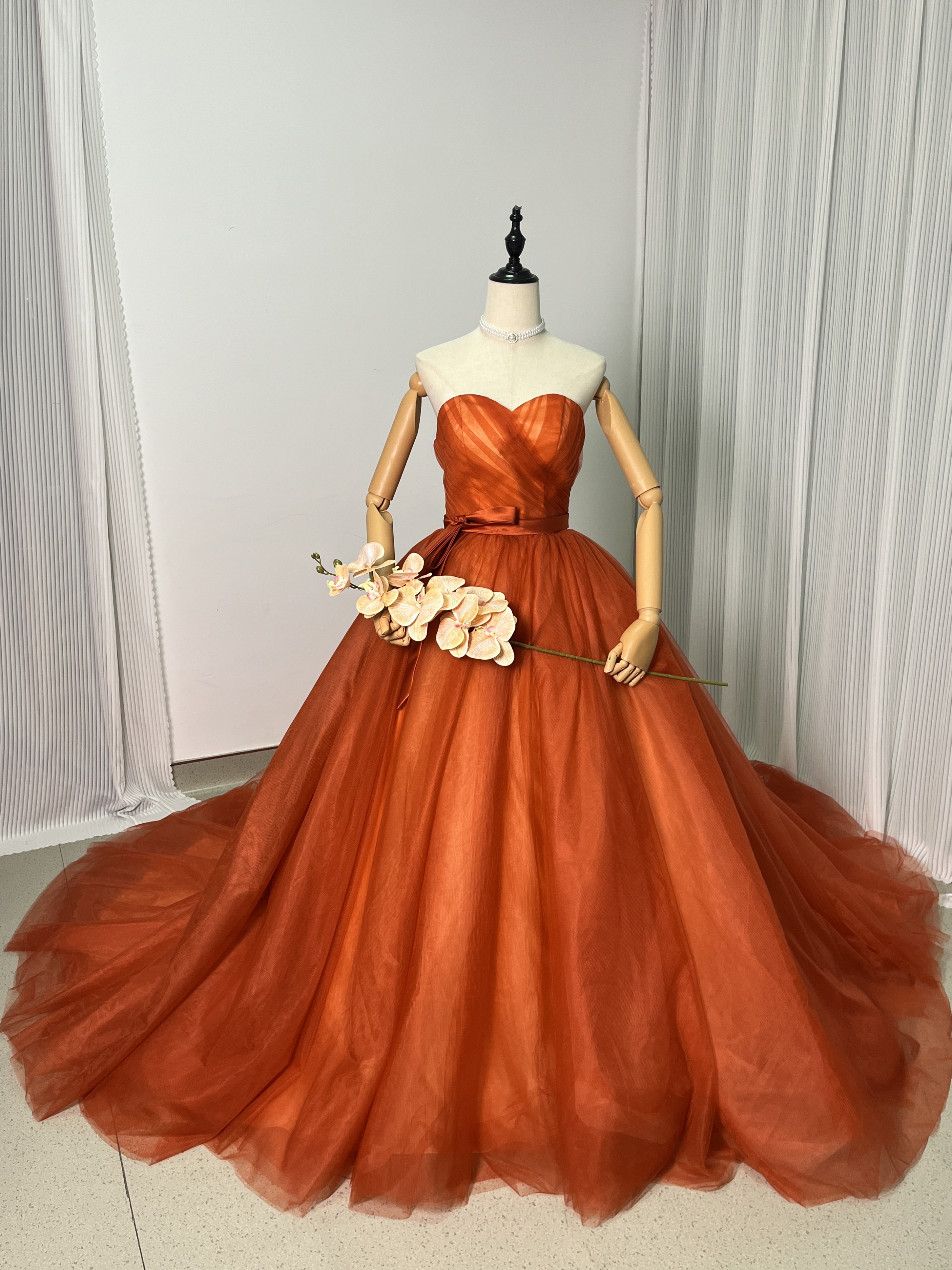上品！オレンジ パーティードレス ベアトップ チュールスカート Aライン 花嫁/披露宴