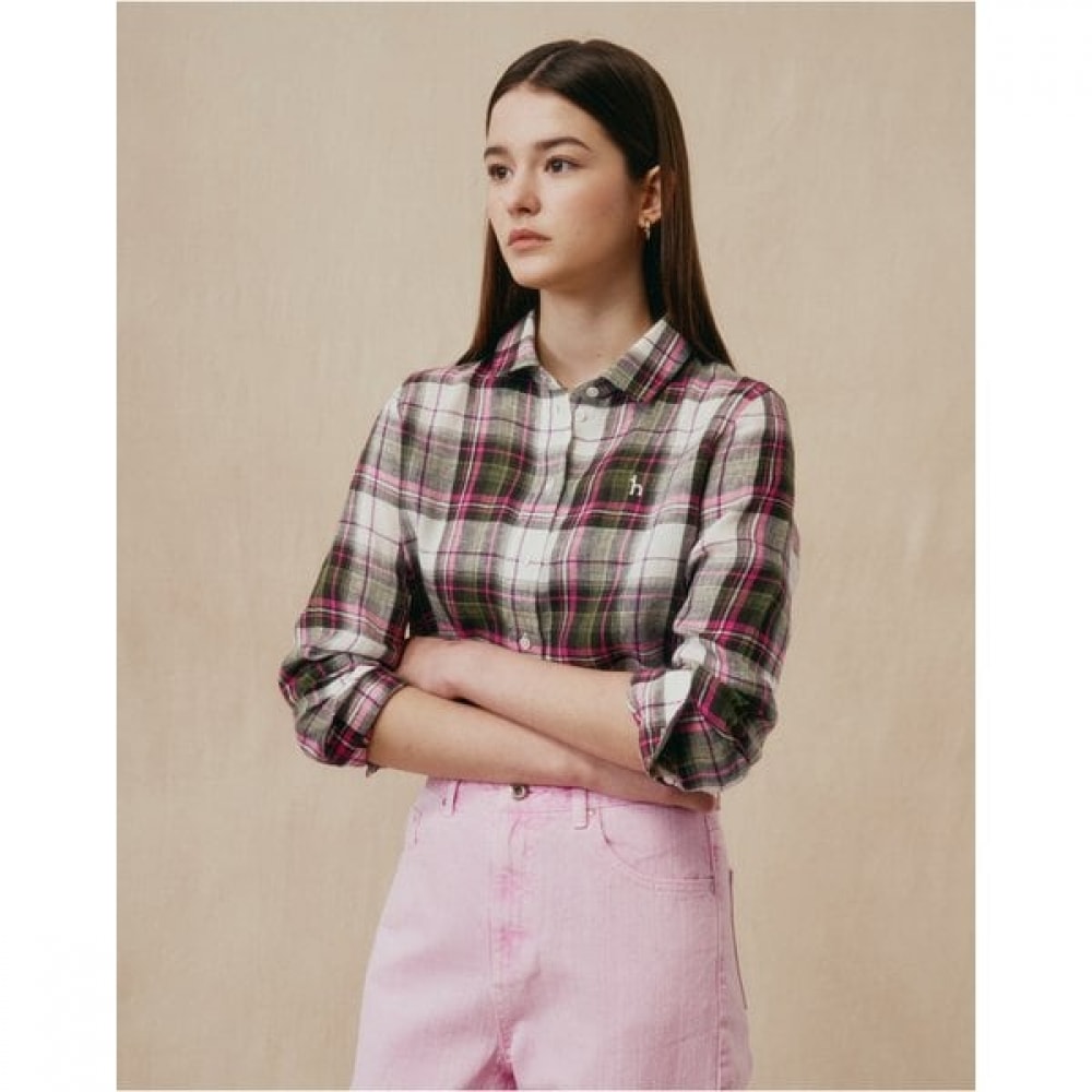 [25SS] リネンロングスリーブチェックカーキ HSSH5B311K2