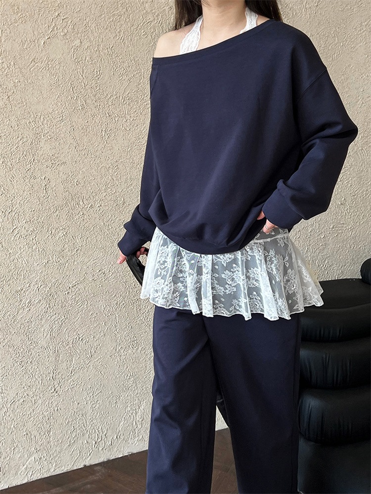 韓国ファッション 新作春パーカーセット レースハイネック×オフショルダー×ワイドパンツ 3点コーデ ゆったりサイズ 通勤・休日用