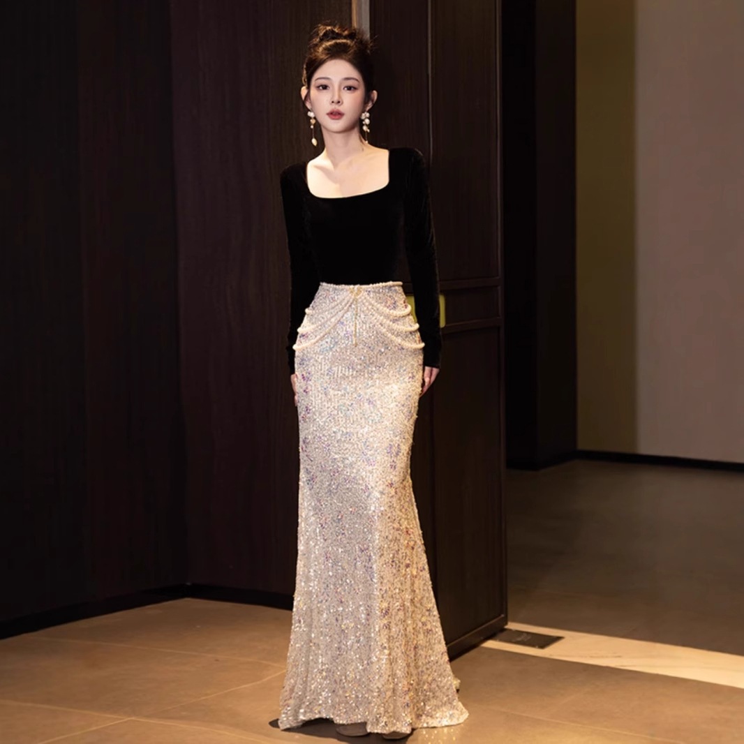 ブラック ベルベット マーメイド イブニングドレス ラメ 婚約 乾杯ドレス