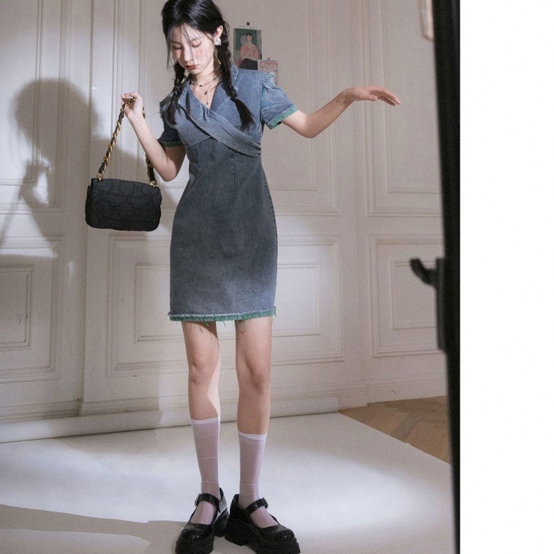 デザイン独特の気質純粋な欲望夏の女性のための甘くてスパイシーな半袖デニムドレス