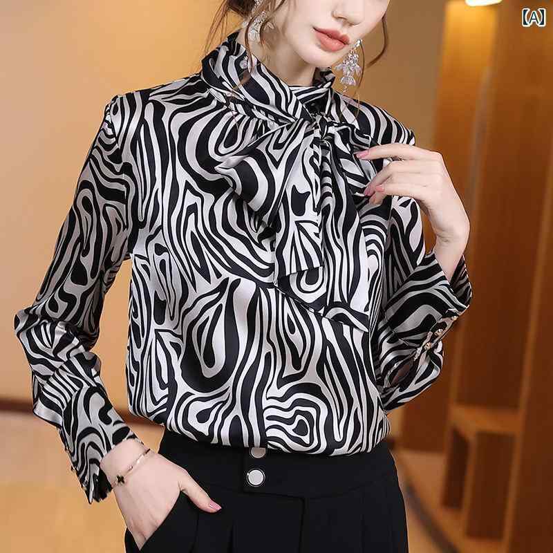 シャツ レディース アニマル柄 ゼブラ レディース サテン 光沢感 トップス ブラウス エレガント カジュアル リボン