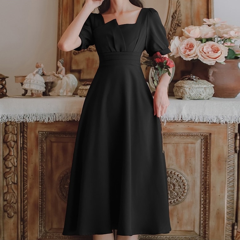 ワンピース ドレス レディース フレアワンピース パフスリーブ ハイウエスト ひざ下丈 ロング