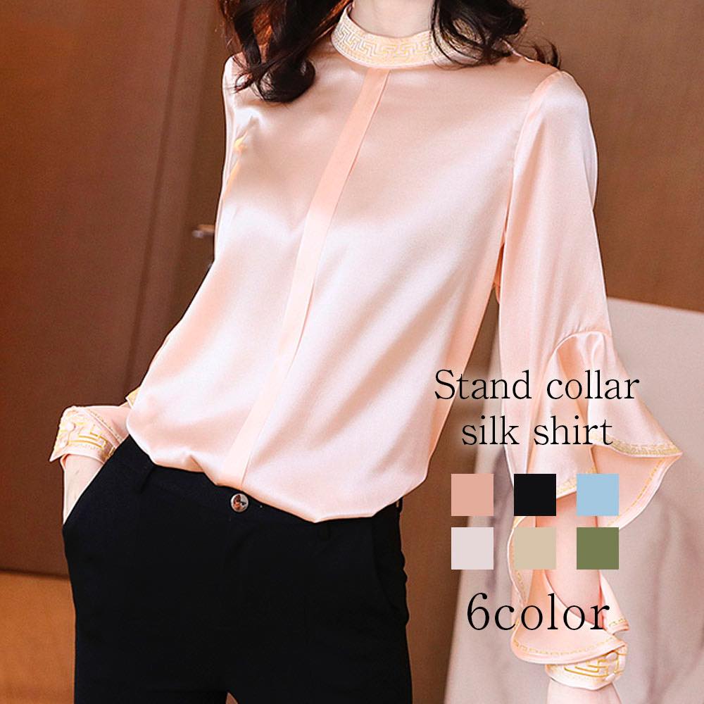 ブラウス レディース スタンドカラーシルクシャツ レース スーツ オフィス 夏 白 涼しい きれいめ 大きいサイズ カジュアル リボン 春 フリル ブランド ノーアイロン 薄手 安い シフォン 事務服