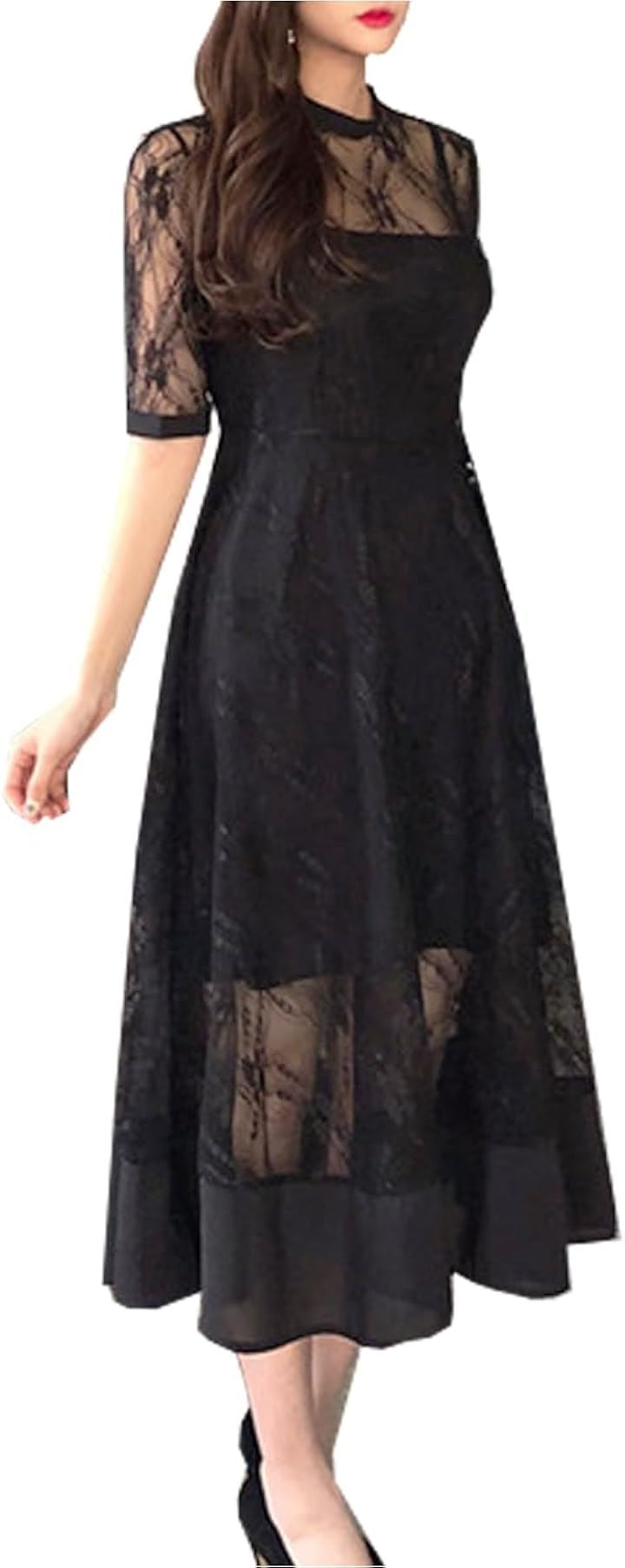 総レース パーティードレス リボン ハイウエスト フレア aライン ミモレ丈 結婚式 披露宴 二次会 ワンピースドレス 上品 黒 韓国 インナー付き ティアード(ブラック, L) 4,766円