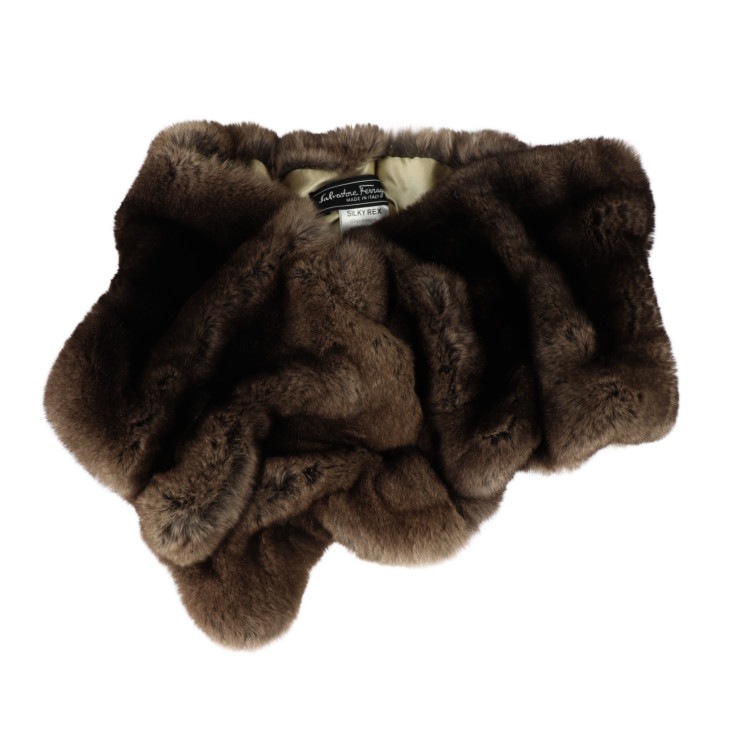 超美品 Salvatore Ferragamo サルヴァトーレ フェラガモ マフラー - 襟巻 ラビットファー シルク ブラウン系 ゴールド金具 ティペット SILKY REX 毛皮【本物保証】