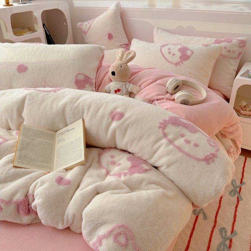 かわいい猫のミルクレープベッド上4点セット女の子の冬の厚手フランジサンゴレープ布団カバーシーツ3点セット