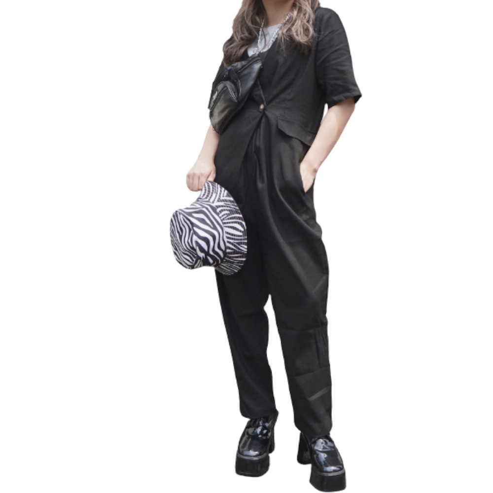 Double Breasted S/S Jumpsuit (black) A,D,G レディース オールインワン